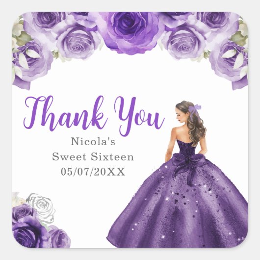 Sticker Carré Princesse florale en robe violet foncé Sweet Sixte (Devant)