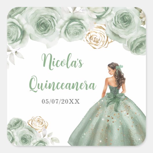 Sticker Carré Princesse Florale en Sage Robe Verte Quinceanera (Devant)