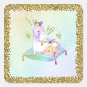 Sticker Carré Princesse Licorne Arc-en-ciel Iridescent Fête Past