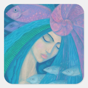 Sticker Carré Princesse Sirène, Imaginaire sous-marin, Bleu rose