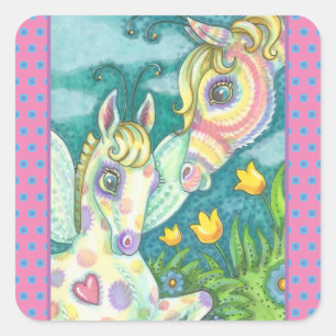 STICKER CARRÉ PRINTEMPS PÂQUES, CHEVAL DE BÉBÉ EN PAIN, BÉBÉ EN