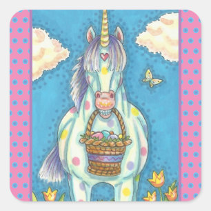 STICKER CARRÉ PRINTEMPS UNICORN DE PANIER DE PÂQUES, BÂTISSEURS 