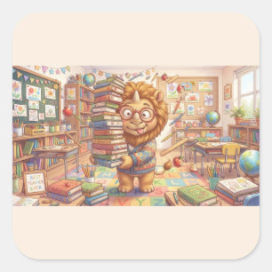 Sticker Carré Professeur Lion en Classe – Une Journée Fantaisist