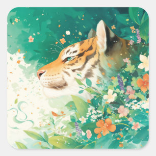 Sticker Carré Profil de tigre apparaissant à travers le jardin b
