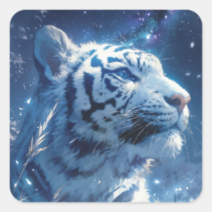 Sticker Carré Profil de Tigre Blanc sous un ciel nocturne étoilé