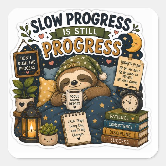 Sticker Carré Progrès Lent Est Toujours Un Progrès – Cozy Sloth (Devant)