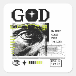 Sticker Carré Psaume 121:2 Neon Lime Œil de Dieu CRT Glitch Art
