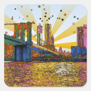 Sticker Carré Psychedelic New York City : Brooklyn Bridge, WTC #