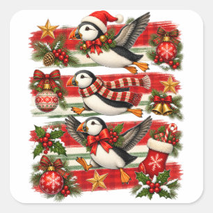 Sticker Carré Puffin de Noël vintage Fête festive oiseau de vaca
