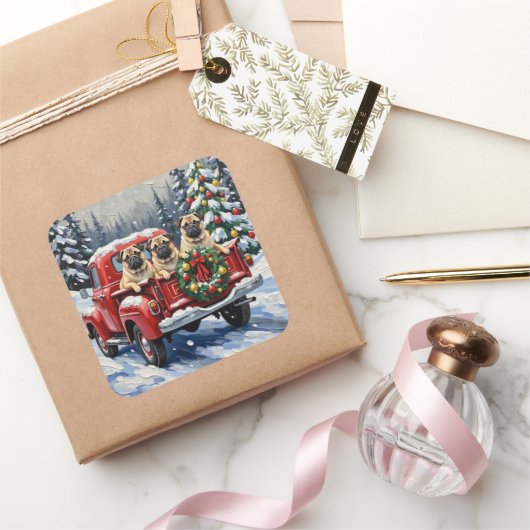Sticker Carré Pug Christmas Red Truck Holiday (Cadeaux)