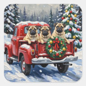 Sticker Carré Pug Christmas Red Truck Holiday (Devant)