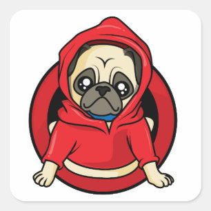 Sticker Carré Pug en capuche rouge
