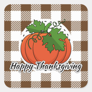 Sticker Carré Pumpkin on Brown Plaid - Happy Thanksgiving