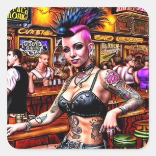 Sticker Carré Punk Rock Bar Girl avec Mohawk et tatouages