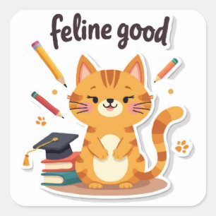 Sticker Carré Punny 'Feline Good' Retour À L'École Chat