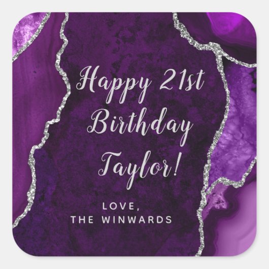 Sticker Carré Purple et Argent Agate Joyeux anniversaire (Devant)