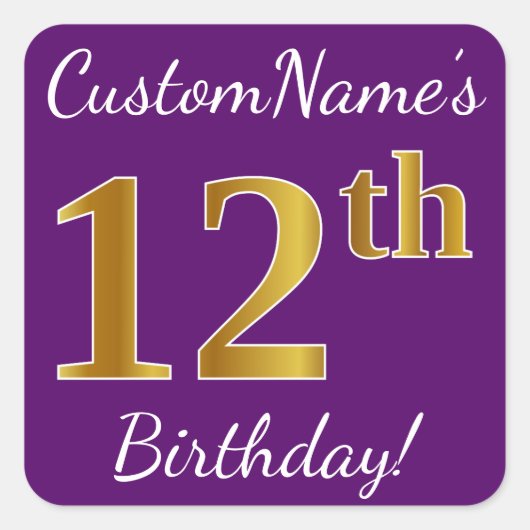 Sticker Carré Purple, Faux Gold 12e anniversaire + Nom personnal (Devant)