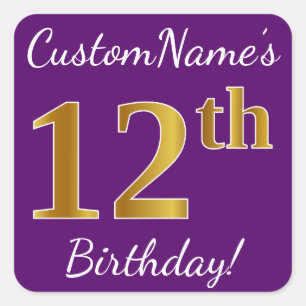 Sticker Carré Purple, Faux Gold 12e anniversaire + Nom personnal