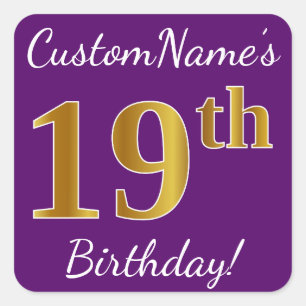 Sticker Carré Purple, Faux Gold 19e anniversaire + Nom personnal
