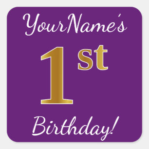 Sticker Carré Purple, Faux Gold 1er anniversaire + Nom personnal
