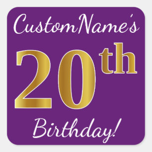 Sticker Carré Purple, Faux Gold 20e anniversaire + Nom personnal