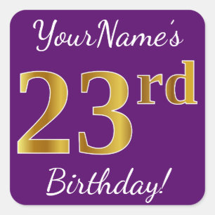 Sticker Carré Purple, Faux Gold 23ème anniversaire + Nom personn