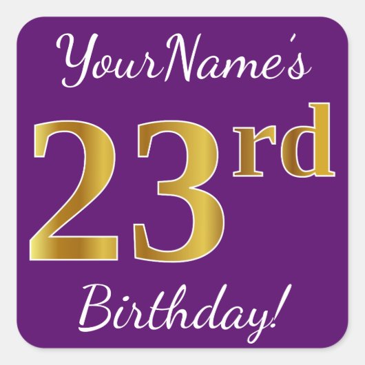 Sticker Carré Purple, Faux Gold 23ème anniversaire + Nom personn (Devant)