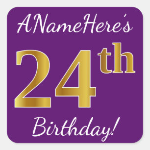 Sticker Carré Purple, Faux Gold 24e anniversaire + Nom personnal