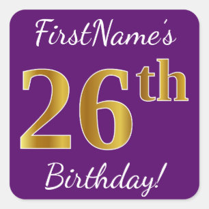Sticker Carré Purple, Faux Gold 26e anniversaire + Nom personnal