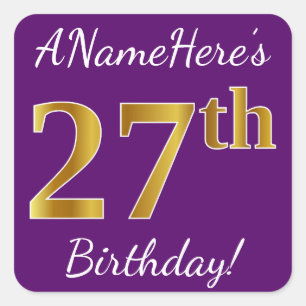 Sticker Carré Purple, Faux Gold 27e anniversaire + Nom personnal