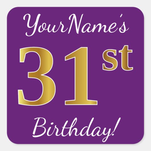 Sticker Carré Purple, Faux Gold 31ème anniversaire + Nom personn (Devant)
