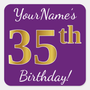 Sticker Carré Purple, Faux Gold 35e anniversaire + Nom personnal