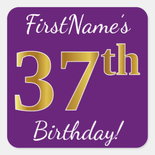 Sticker Carré Purple, Faux Gold 37e anniversaire + Nom personnal