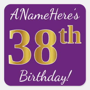 Sticker Carré Purple, Faux Gold 38e anniversaire + Nom personnal