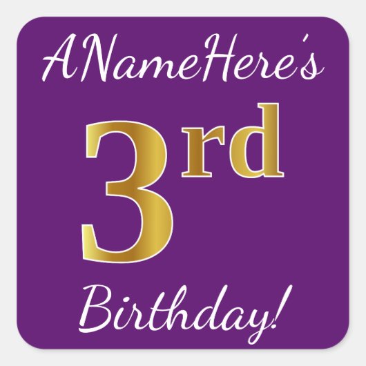 Sticker Carré Purple, Faux Gold 3ème anniversaire + Nom personna (Devant)