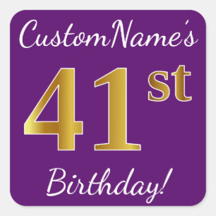 Sticker Carré Purple, Faux Gold 41ème anniversaire + Nom personn