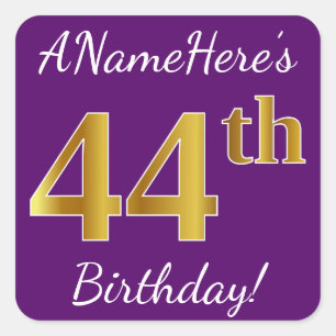 Sticker Carré Purple, Faux Gold 44e anniversaire + Nom personnal