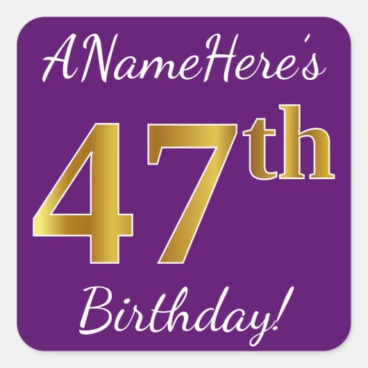 Sticker Carré Purple, Faux Gold 47e anniversaire + Nom personnal (Devant)