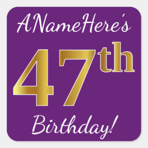 Sticker Carré Purple, Faux Gold 47e anniversaire + Nom personnal