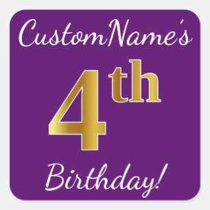 Sticker Carré Purple, Faux Gold 4e anniversaire + Nom personnali