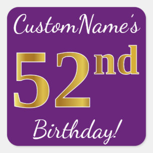 Sticker Carré Purple, Faux Gold 52e anniversaire + Nom personnal