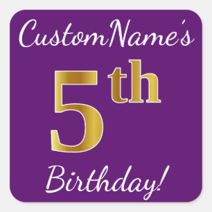 Sticker Carré Purple, Faux Gold 5e anniversaire + Nom personnali