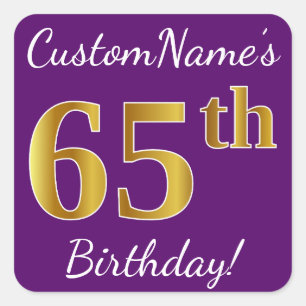 Sticker Carré Purple, Faux Gold 65e anniversaire + Nom personnal