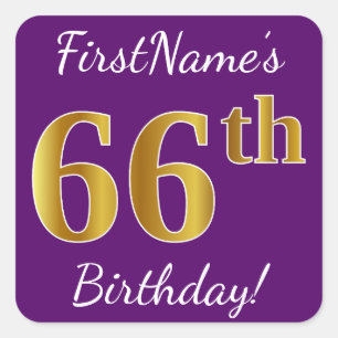 Sticker Carré Purple, Faux Gold 66e anniversaire + Nom personnal