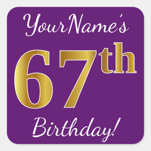 Sticker Carré Purple, Faux Gold 67e anniversaire + Nom personnal (Devant)