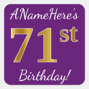 Sticker Carré Purple, Faux Gold 71e anniversaire + Nom personnal