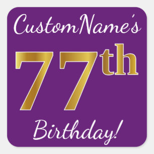Sticker Carré Purple, Faux Gold 77e anniversaire + Nom personnal