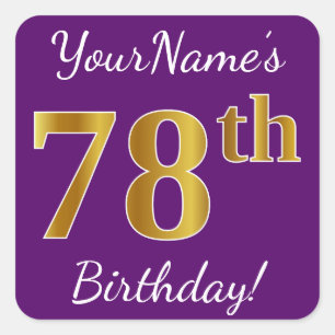 Sticker Carré Purple, Faux Gold 78e anniversaire + Nom personnal
