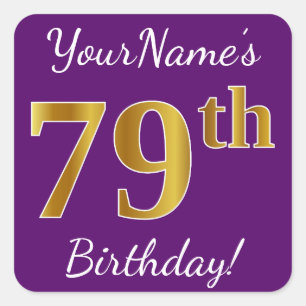 Sticker Carré Purple, Faux Gold 79e anniversaire + Nom personnal