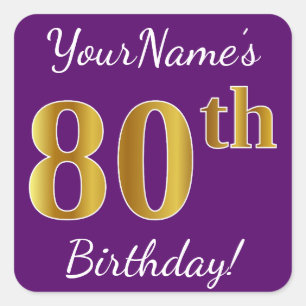Sticker Carré Purple, Faux Gold 80e anniversaire + Nom personnal